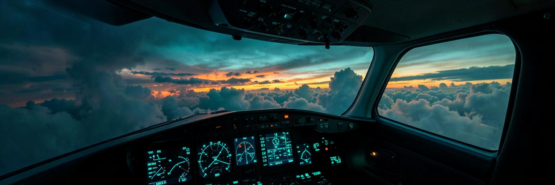 Airliner flight deck on approach at sunrise